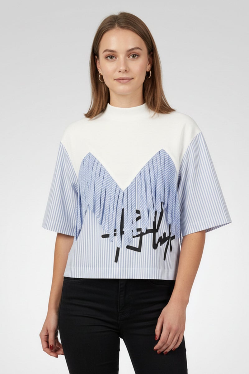 Palm Angels Women Crew Neck Short Sleeve Stripe Top, White - Image 1