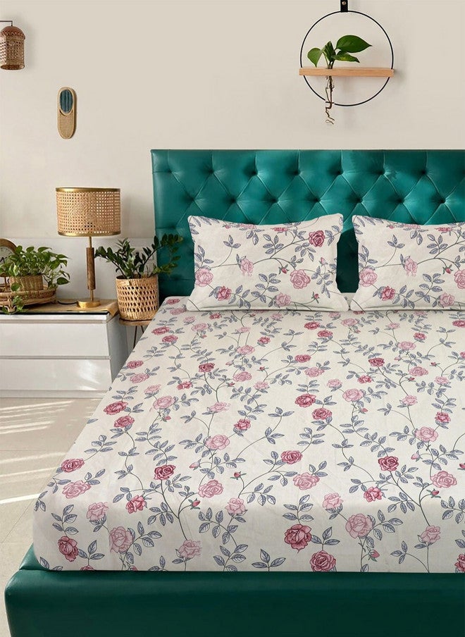 Arrabi White Floral Polycotton Breathable 350 TC King Superfine Bedsheet with 2 Pillow Covers - Image 2