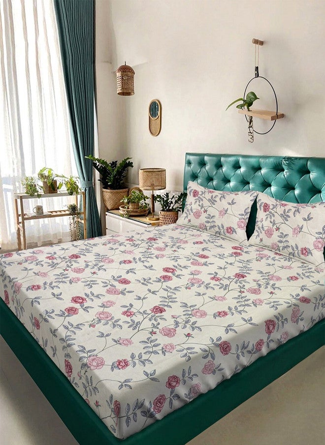 Arrabi White Floral Polycotton Breathable 350 TC King Superfine Bedsheet with 2 Pillow Covers - Image 1