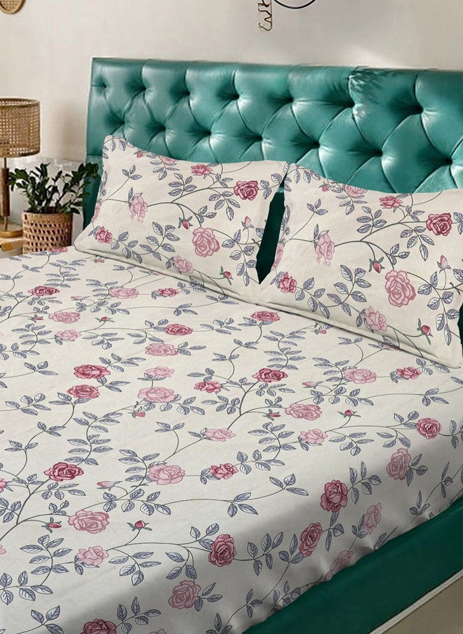 Arrabi White Floral Polycotton Breathable 350 TC King Superfine Bedsheet with 2 Pillow Covers - Image 3