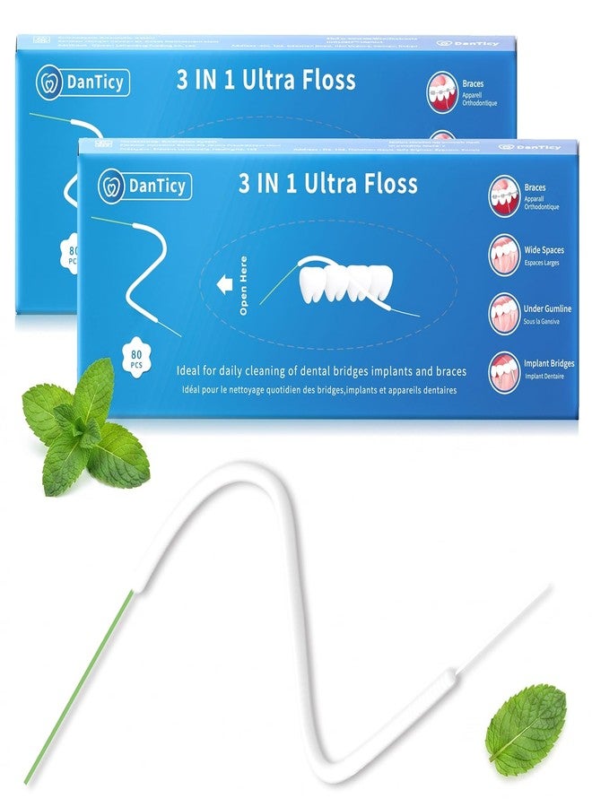 DanTicy Dental Floss for Braces, Pre-Cut Strands, 3 in 1, Floss Threader, Spongy Floss, Regular Floss, 160 Count (2 Pack), Mint - Image 1