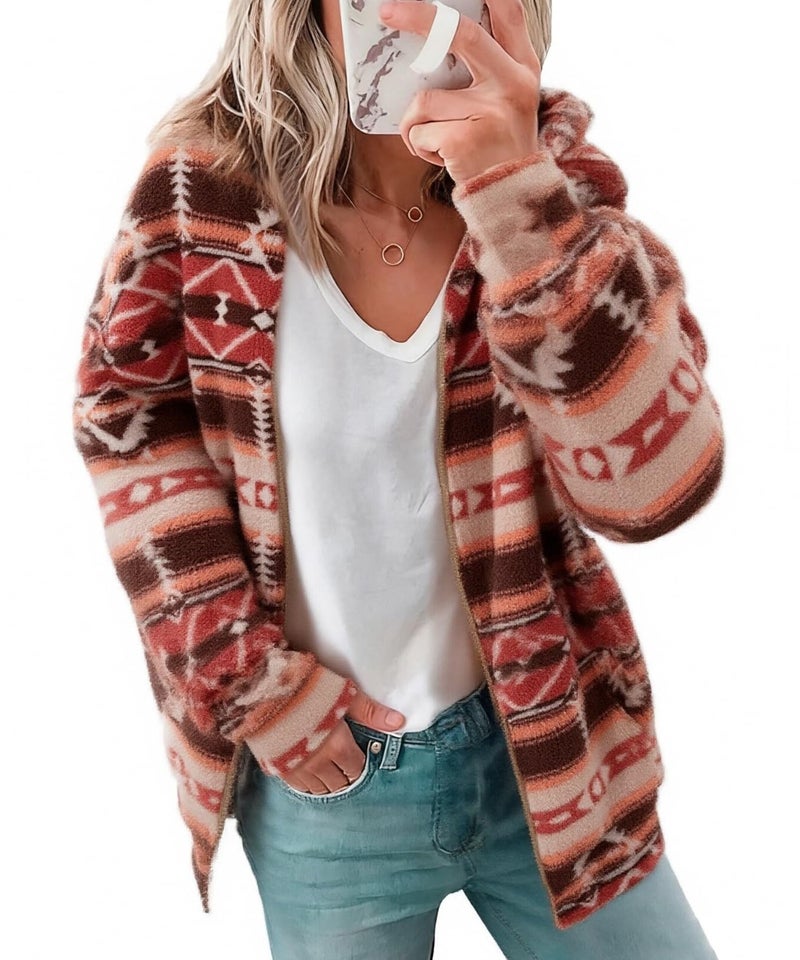 LUKYCILD Womens Western Aztec Print Zip up Hoodies Sweatshirt Sherpa Fleece Jacket Coat with Pockets Casual Warm Outwear - Image 1