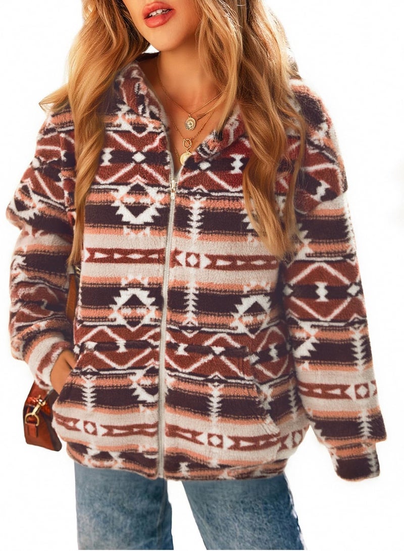 LUKYCILD Womens Western Aztec Print Zip up Hoodies Sweatshirt Sherpa Fleece Jacket Coat with Pockets Casual Warm Outwear - Image 5