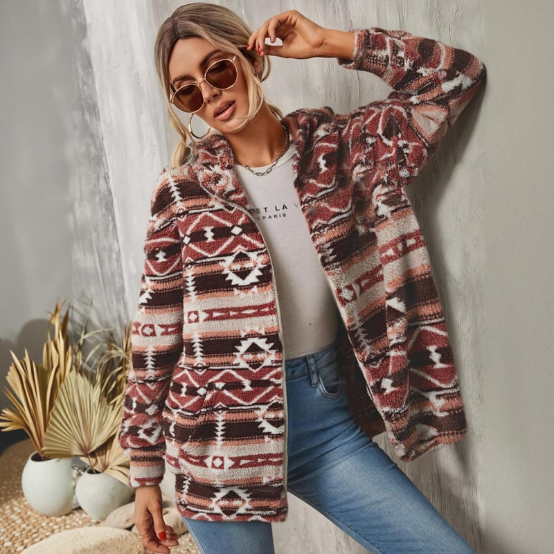LUKYCILD Womens Western Aztec Print Zip up Hoodies Sweatshirt Sherpa Fleece Jacket Coat with Pockets Casual Warm Outwear - Image 4