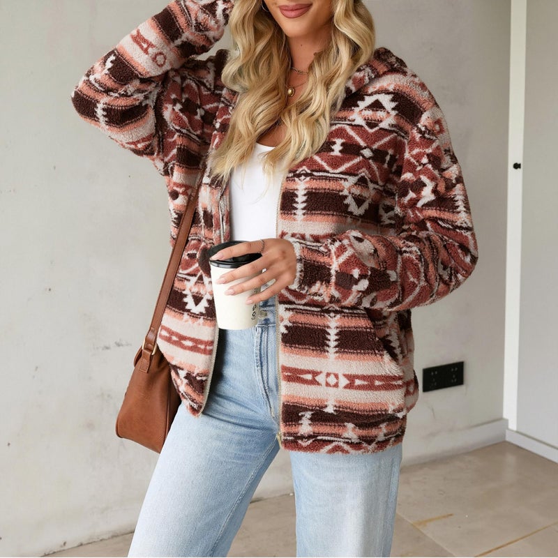 LUKYCILD Womens Western Aztec Print Zip up Hoodies Sweatshirt Sherpa Fleece Jacket Coat with Pockets Casual Warm Outwear - Image 3