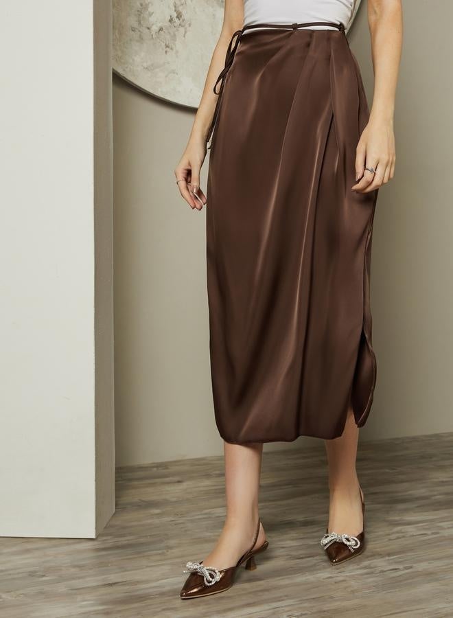 Styli Pleated Satin Midi Skirt with Side Slit Detail  - Image 2