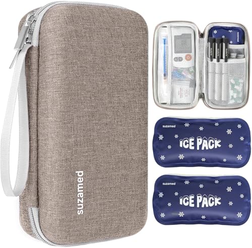 suzamed Insulin Cooler Travel CaseEVA Insulation Travel Medicine Kit with 2 Ice Packs for Diabetes CareInsulin Pen and Other Diabetic Supplies Brown
