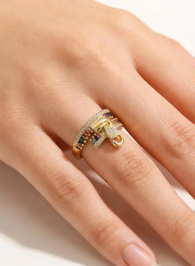 Take Two Gold Tone Rainbow Stone Embellished Zipper Detail Ring