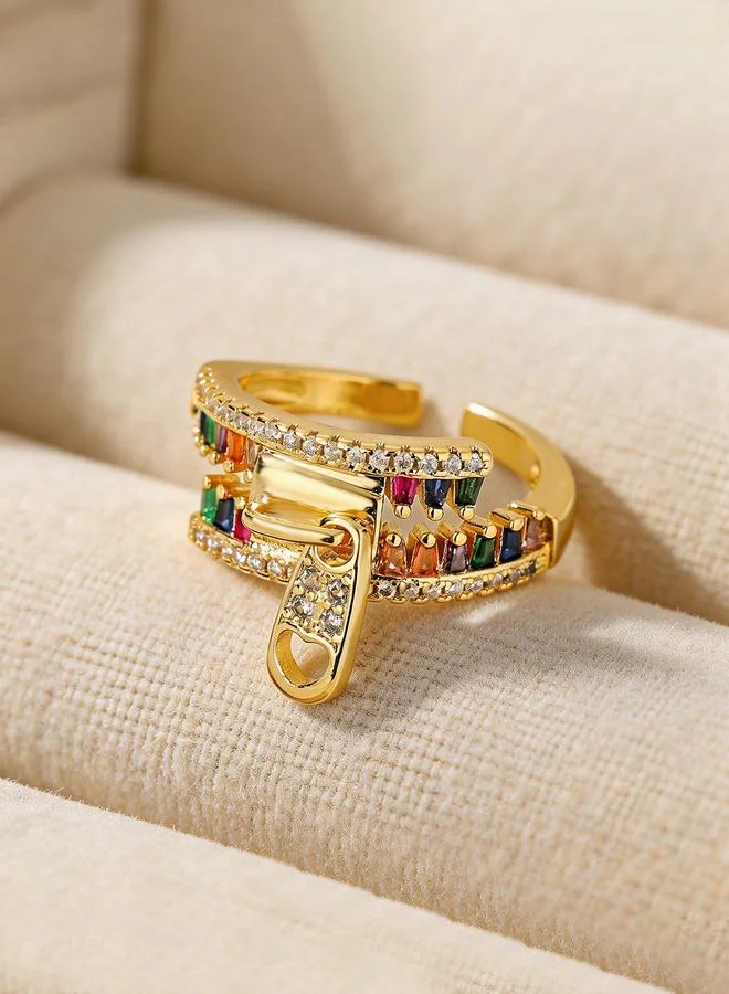 Take Two Gold Tone Rainbow Stone Embellished Zipper Detail Ring
