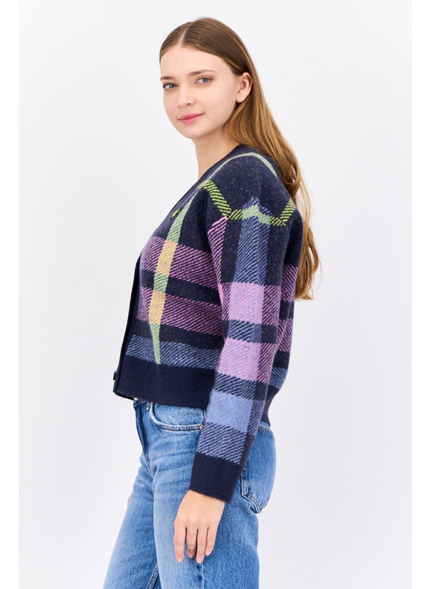 Lyle & Scott Women V-Neck Plaid Knitted Cardigan, Navy  - Image 2