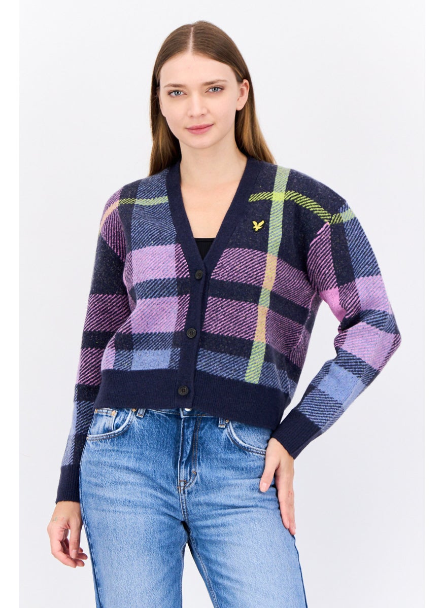 Lyle & Scott Women V-Neck Plaid Knitted Cardigan, Navy  - Image 1