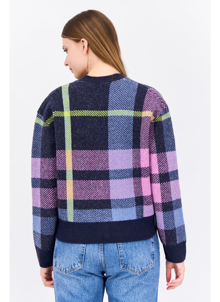 Lyle & Scott Women V-Neck Plaid Knitted Cardigan, Navy  - Image 3
