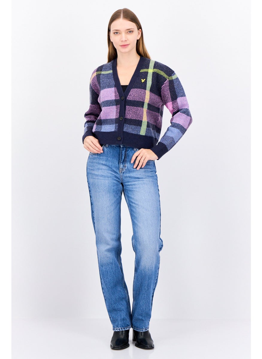 Lyle & Scott Women V-Neck Plaid Knitted Cardigan, Navy  - Image 4