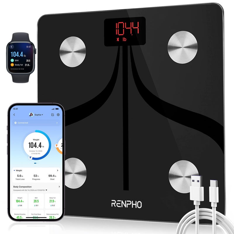 RENPHO Scale for Body Weight, USB-C Rechargeable Digital Bathroom Scale, Smart Bluetooth Weight Scale, Electronic 13 Body Composition Monitor with Smartphone App, 396 lbs, Black, Elis 1 (11 inch) - Image 1