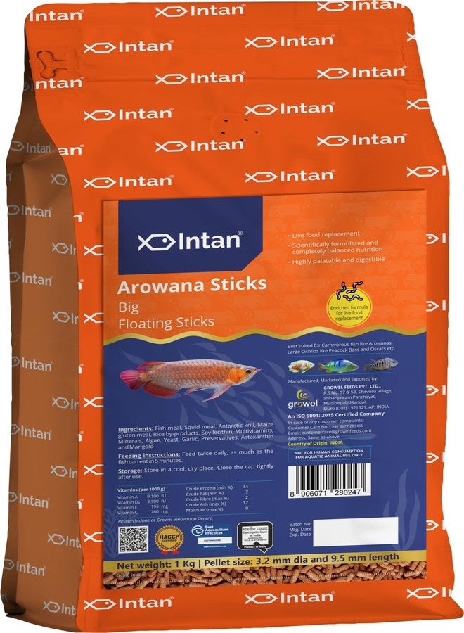 Intan Aquatic Arowana Sticks Fish Food | Big Floating Stick for Arowana Fish | Large Pack 1 kg, Pellet Size 3.5 mm Dia and 9.5 mm Length, all life stages - Image 1