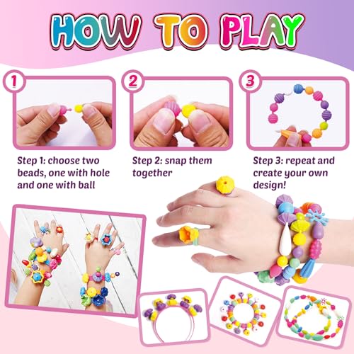 FUNZBO 850pcs Pop Beads - Jewelry Making Kit for 3 4 5 6 7 8 Year Old Little Girls, Arts and Crafts Toys for Kids, Necklace Bracelet Ring Hairband Creativity Snap Set Holidays Christmas Birthday Gifts - Image 3