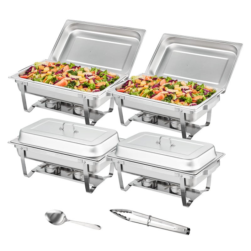 VEVOR VEVOR Chafing Dish Buffet Set 8 Qt 4 Pack Stainless Chafer w 4 Full Size Pans Rectangle Catering Warmer Server wLid Water Pan Folding Stand Fuel Tray Holder Spoon Clip at Least 8 People Each 