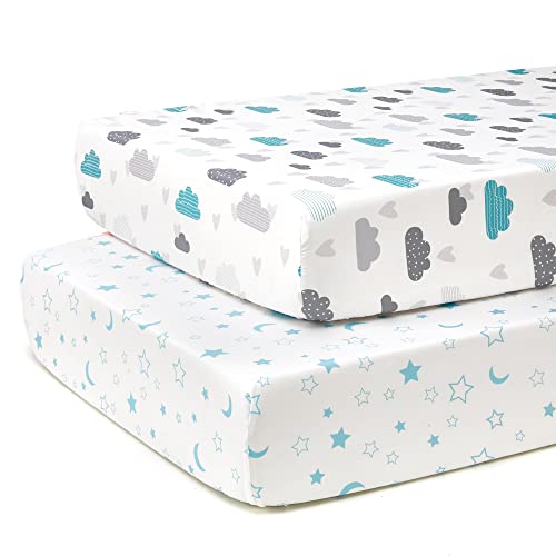 TILLYOU Baby Crib Sheets for Boys Girls Super Soft Toddler Bed Sheets 2 Pack Sheets for Standard Crib Mattress 28x52in Blue Clouds and Stars - Image 1