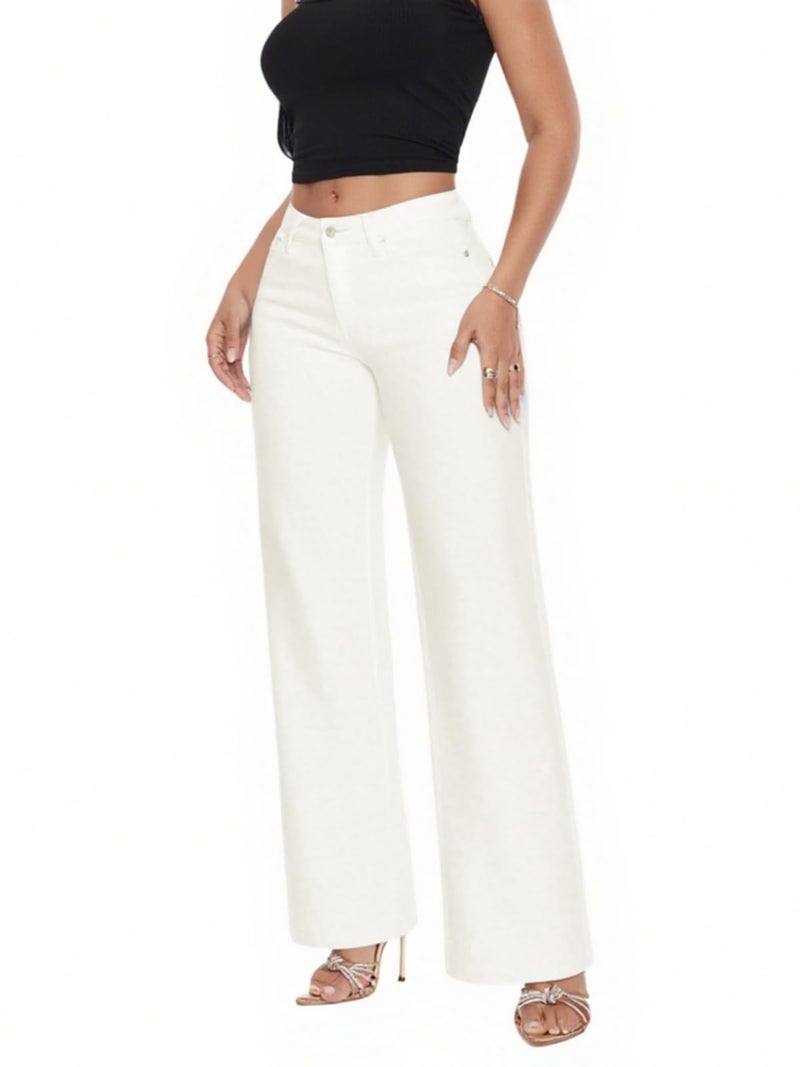 ONESO Mid-Low Rise Baggy Jeans Wide Leg for Women White Distressed Pants Stretchy Bottom Lady Basic Comfortable Denim - Image 2