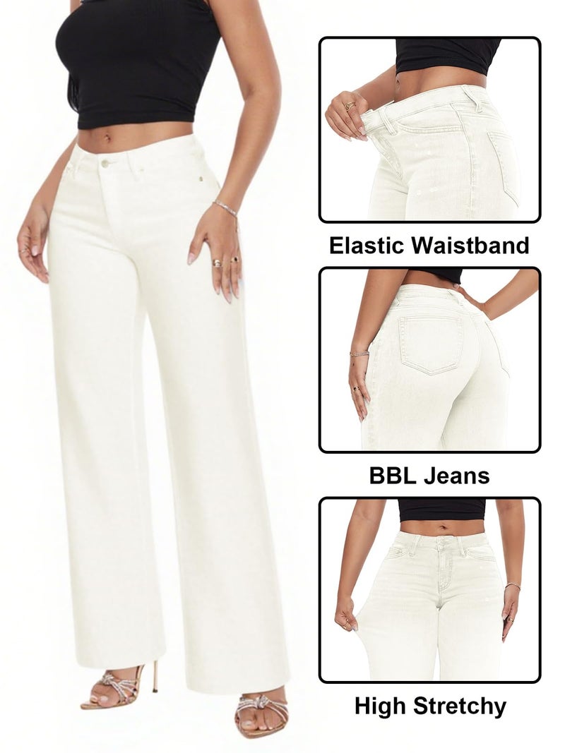 ONESO Mid-Low Rise Baggy Jeans Wide Leg for Women White Distressed Pants Stretchy Bottom Lady Basic Comfortable Denim - Image 5