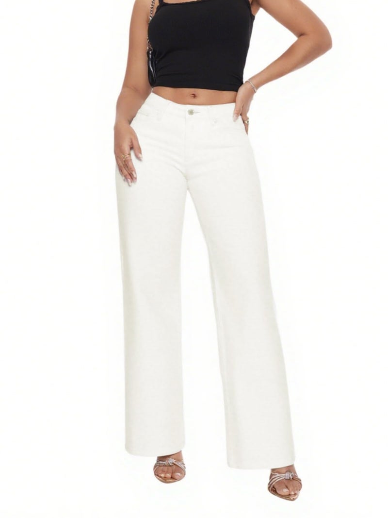 ONESO Mid-Low Rise Baggy Jeans Wide Leg for Women White Distressed Pants Stretchy Bottom Lady Basic Comfortable Denim - Image 4