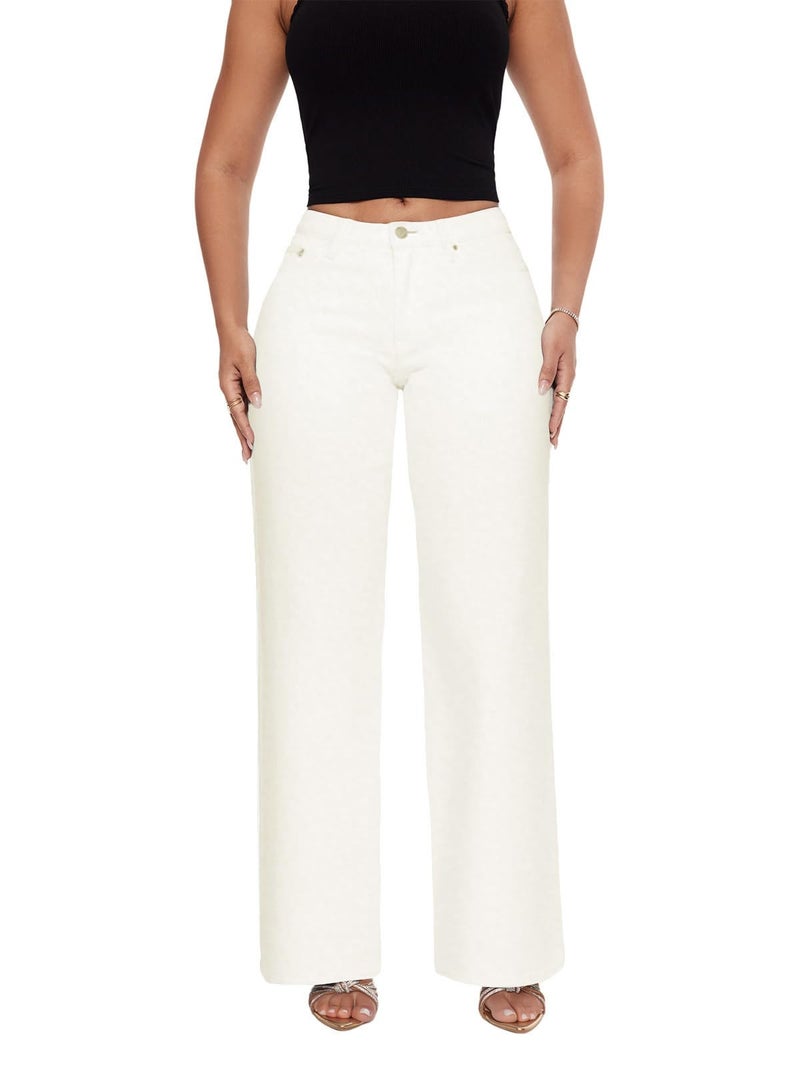 ONESO Mid-Low Rise Baggy Jeans Wide Leg for Women White Distressed Pants Stretchy Bottom Lady Basic Comfortable Denim - Image 1