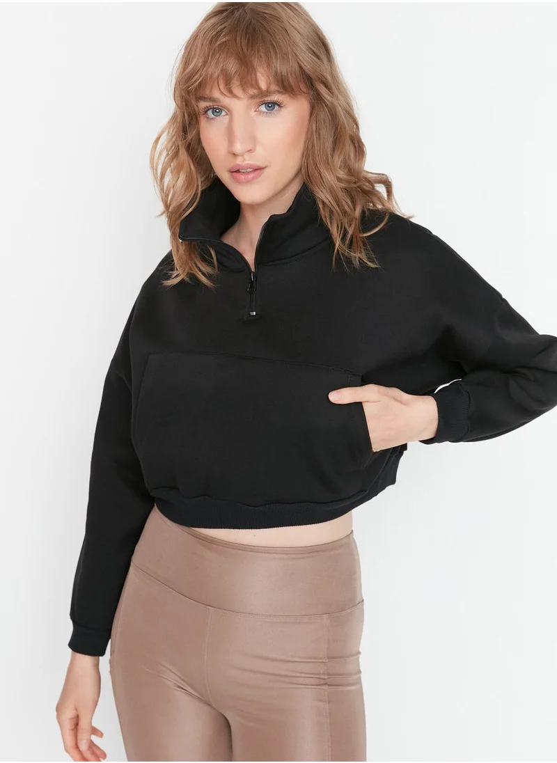trendyol Zip Detail Knitted Crop Sweatshirt