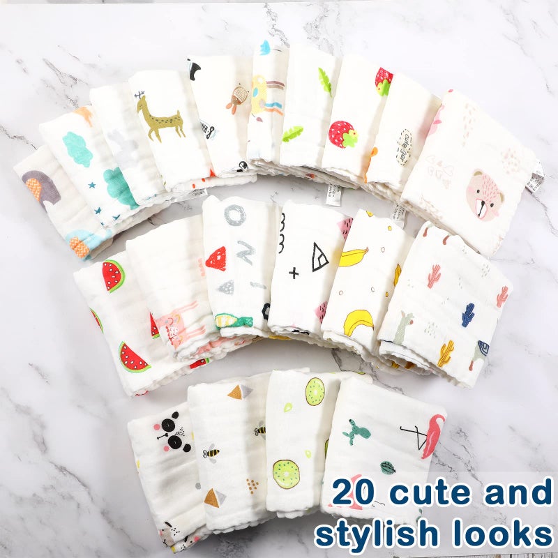 Kenning 20 Pack Muslin Baby Burp Cloths Large 20 x 10 Inches and 10 x 10 Inch Cotton Baby Burp Rags Cute Towel and Washcloths Face Towels 6 Layers Absorbent for Infant Shower, 20 Styles - Image 4