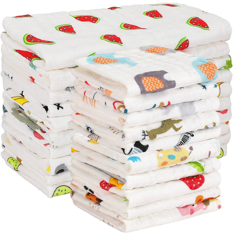 Kenning 20 Pack Muslin Baby Burp Cloths Large 20 x 10 Inches and 10 x 10 Inch Cotton Baby Burp Rags Cute Towel and Washcloths Face Towels 6 Layers Absorbent for Infant Shower, 20 Styles - Image 1