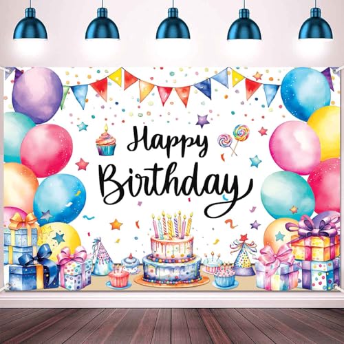 LDWLYW Colorful Birthday Backdrop Banner Large Happy Birthday Party Decorations Supplies Rainbow Balloons Photo Background Wall Banner Indoor Outdoor for Kids Boys Girls 5x3 ft - Image 1