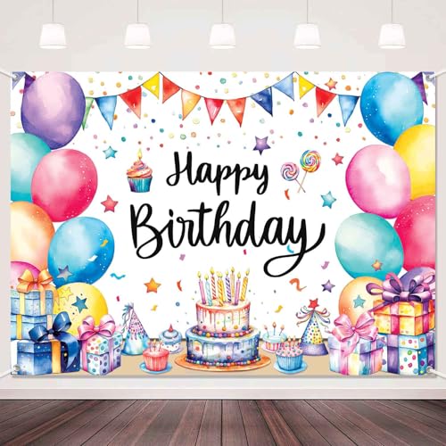 LDWLYW Colorful Birthday Backdrop Banner Large Happy Birthday Party Decorations Supplies Rainbow Balloons Photo Background Wall Banner Indoor Outdoor for Kids Boys Girls 5x3 ft - Image 4