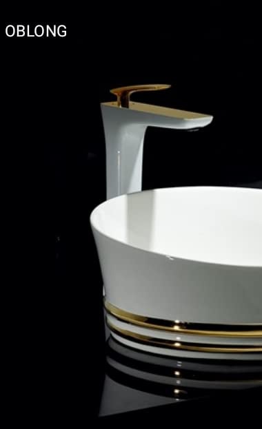 OBLONG Table Top Wash Basin Wash Basin Countertop Tabletop Ceramic Bathroom Sink Vessel Sink Over Counter Marble Wash Basin For Bathroom Designer White with Gold Round Design - Image 2