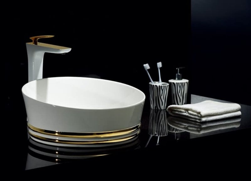 OBLONG Table Top Wash Basin Wash Basin Countertop Tabletop Ceramic Bathroom Sink Vessel Sink Over Counter Marble Wash Basin For Bathroom Designer White with Gold Round Design - Image 1