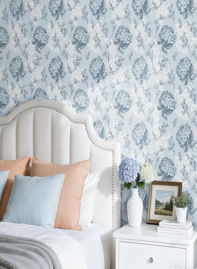 Decotalk Blue Floral Wallpaper Peel and Stick Flowers Wallpaper for Bathroom Bedroom Blue Flower Wall Paper Hydrangea Flower 17.5"x120" Floral Contact Paper Peel and Stick Flowers Vinyl Cover - Image 3
