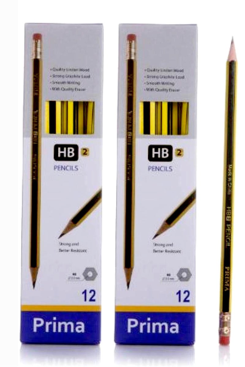 بريما مجموعة من 24 قطعة من أقلام الرصاص HB2 عالية الجودة مع ممحاة