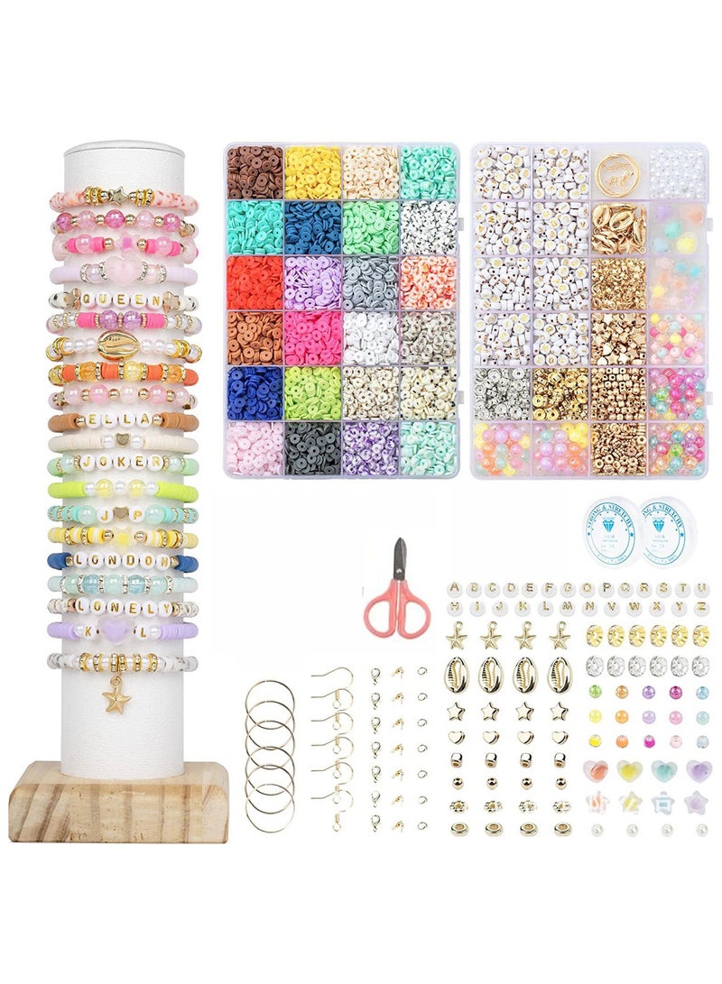 Magic Park Beads for Bracelet Making Kit Colors Clay Beads Bracelet Making Kit Flat Round Polymer Clay Beads Jewelry Making with Pendant Charms Kit Letter Beads and Elastic Strings - Image 1
