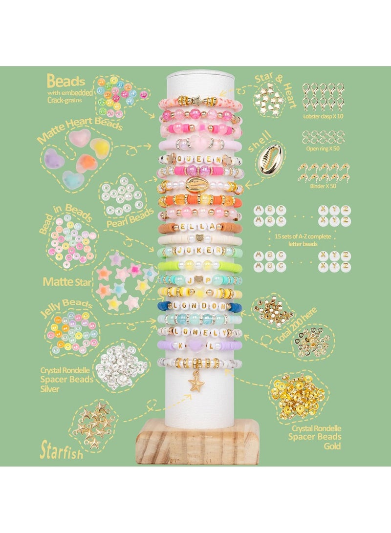 Magic Park Beads for Bracelet Making Kit Colors Clay Beads Bracelet Making Kit Flat Round Polymer Clay Beads Jewelry Making with Pendant Charms Kit Letter Beads and Elastic Strings - Image 3