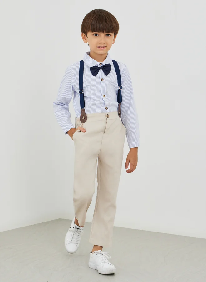 ستايلي Styli Boys Striped Long Sleeve Shirt and Pants Set with Bow and Suspender