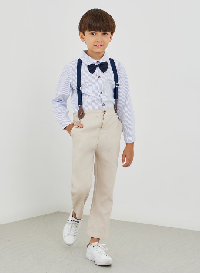 Styli Styli Boys Striped Long Sleeve Shirt and Pants Set with Bow and Suspender  - Image 1