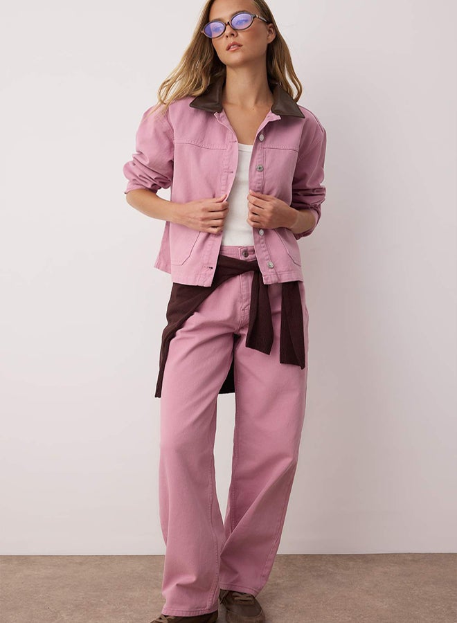 trendyol Dusty Rose Leather Collar and Pocket Detail Denim Shirt Jacket - Image 1