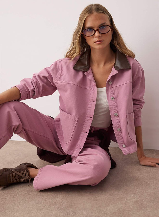 trendyol Dusty Rose Leather Collar and Pocket Detail Denim Shirt Jacket - Image 3