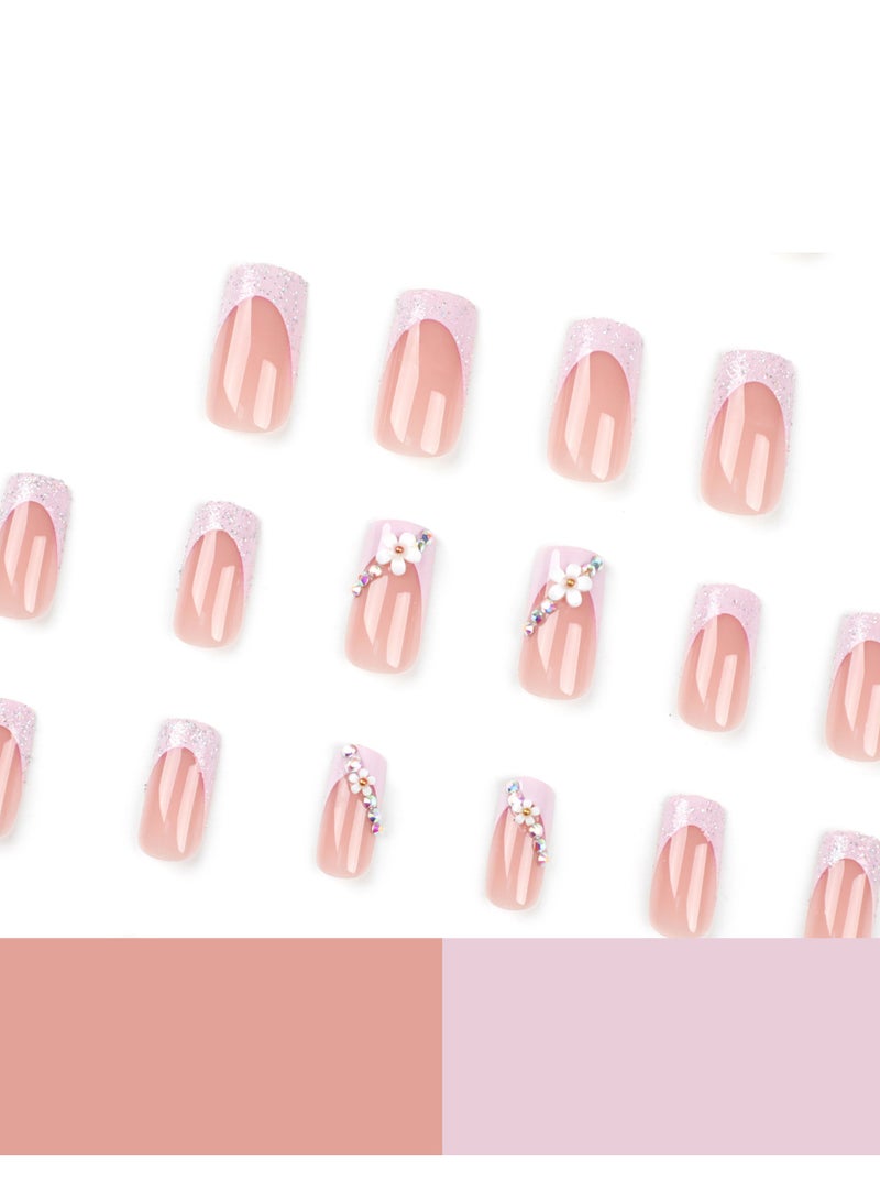 أظافر ملصقة فرنسية، 24 قطعة من ملصقات الأظافر الزهرية الفاخرة والراينستون: قم بتحسين أناقتك مع تصميم الفرنسية المربعة والتطبيق السهل، أظافر الاكريليك الصناعية مع مجموعة الغراء. - Image 2