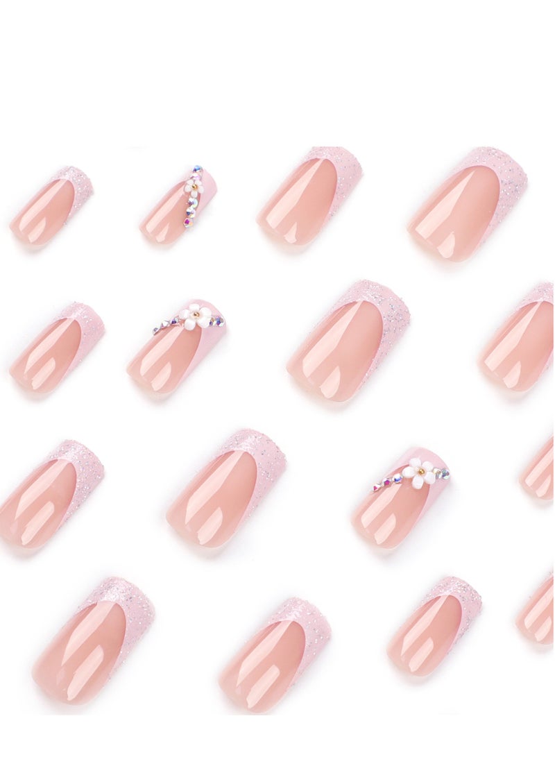 أظافر ملصقة فرنسية، 24 قطعة من ملصقات الأظافر الزهرية الفاخرة والراينستون: قم بتحسين أناقتك مع تصميم الفرنسية المربعة والتطبيق السهل، أظافر الاكريليك الصناعية مع مجموعة الغراء. - Image 3