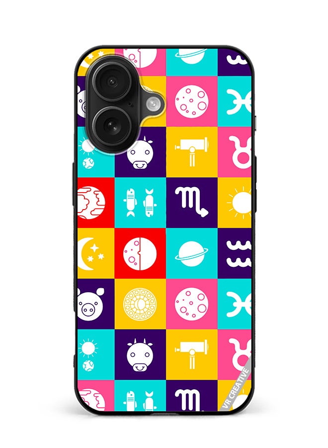 VR CREATIVE Protective Case Cover For Apple iPhone 16 Plus Taurus Zodiac, Pisces Astrology Horoscope Circle, Moon And Stars And Icon Design Multicolour