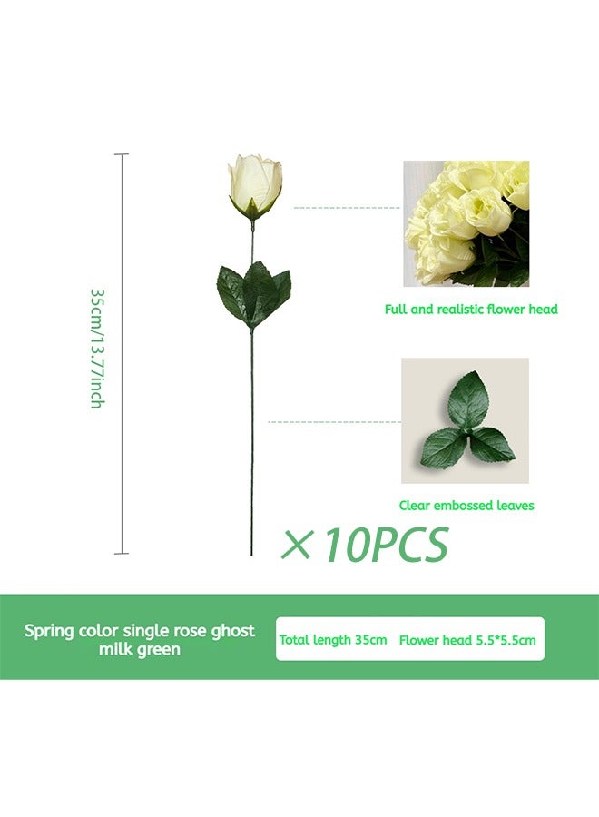 10 Pieces Artificial Silk Rose,Pale yellow Decorative Flowers,Long Stem Roses,Wedding Bouquet,Party,Gifts,Home Decor(Pale yellow/Green) - Image 4