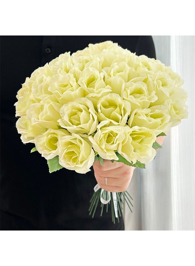 10 Pieces Artificial Silk Rose,Pale yellow Decorative Flowers,Long Stem Roses,Wedding Bouquet,Party,Gifts,Home Decor(Pale yellow/Green) - Image 1