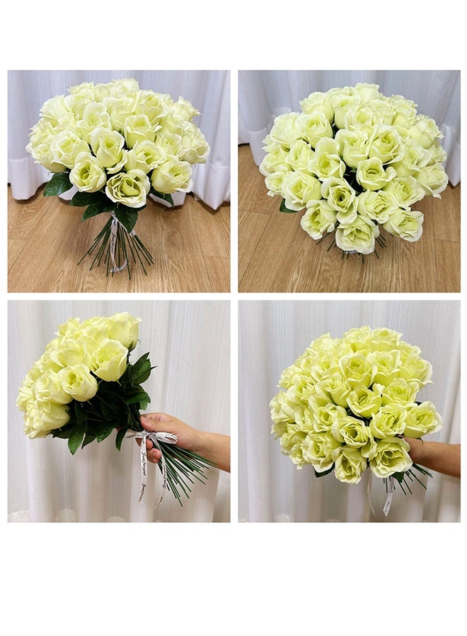 10 Pieces Artificial Silk Rose,Pale yellow Decorative Flowers,Long Stem Roses,Wedding Bouquet,Party,Gifts,Home Decor(Pale yellow/Green) - Image 3