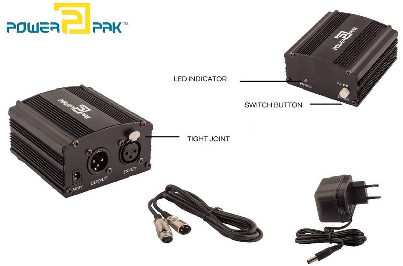 Powerpak 48V Phantom Power Supply 1 Channel for Condenser Microphone Music Recording Equipment (Black) - Image 2