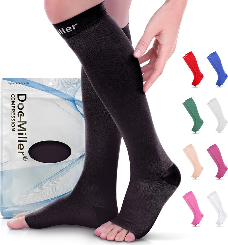 Doc Miller Open Toe Compression Socks for Men and Women, 15-20 mmHg, Calf Support Sleeves, Recovery Stockings, Wide Calf, Toeless Design, 1 Pair - Image 1