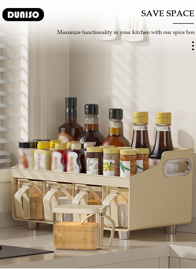 DUNISO - Kitchen Spice Organizer, Drawer Spice Racks with Spoon and Lid, 4-Cell Seasoning Storage Box with Top Table and Handle, PP Container for Salt Sugar Pepper Spice - Image 1